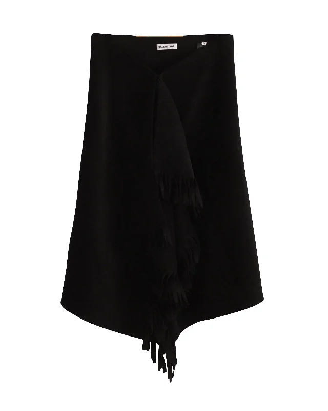 Balenciaga Fringed Asymmetric Midi Skirt in Black Wool