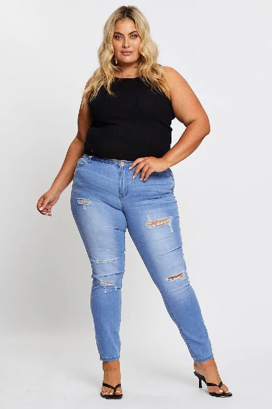 Blue Denim Jean Mid Rise Ripped Skinny