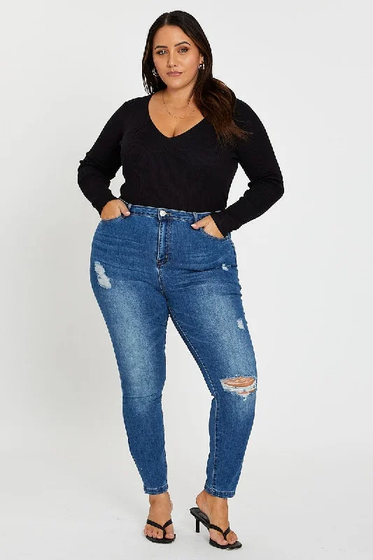 Blue Jean Mid Rise Slash Knee Skinny