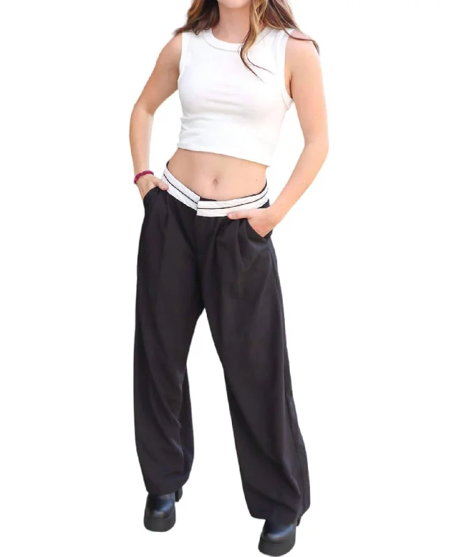 Contrast Foldover Waist Pants In Black