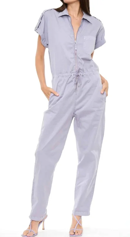 Jordan Short Sleeve Zip Front Jumpsuit In Lilac