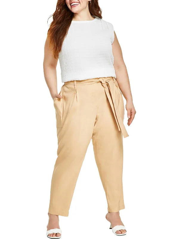 Plus Womens Deep Pocket Linen Cropped Pants