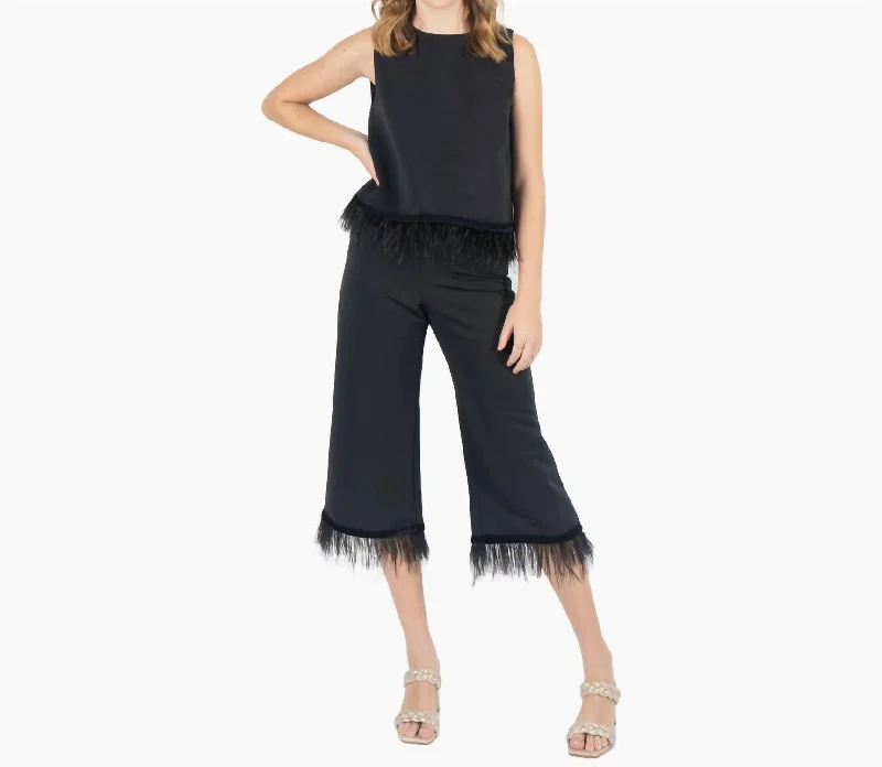 Side Zip Feather Fringe Party Pant In Black