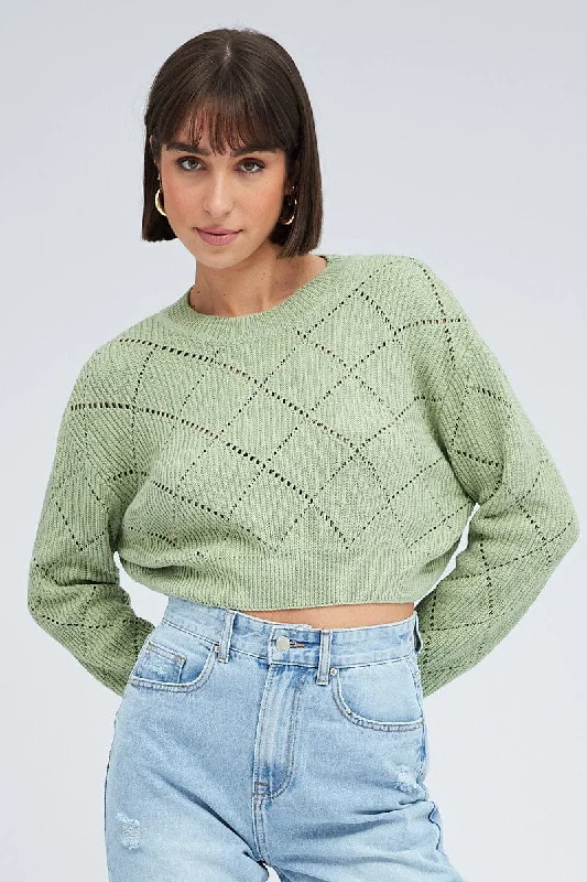 Green Knit Jumper Long Sleeve Crew Neck