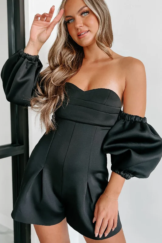 Stealing The Attention Off The Shoulder Detachable Sleeve Romper (Black)