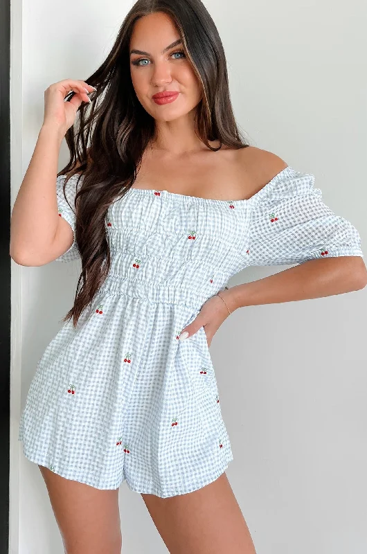 Picnic Views Gingham Cherry Romper (Light Blue)