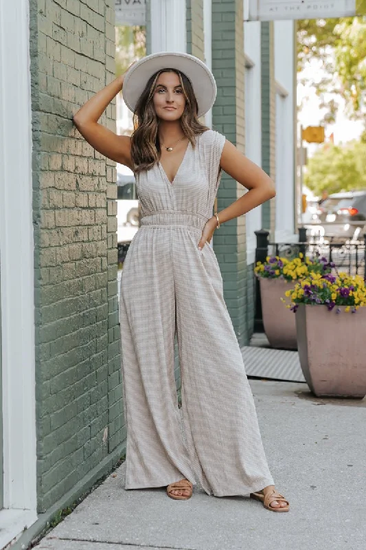 Taupe Striped Wide Leg Jumpsuit - FINAL SALE