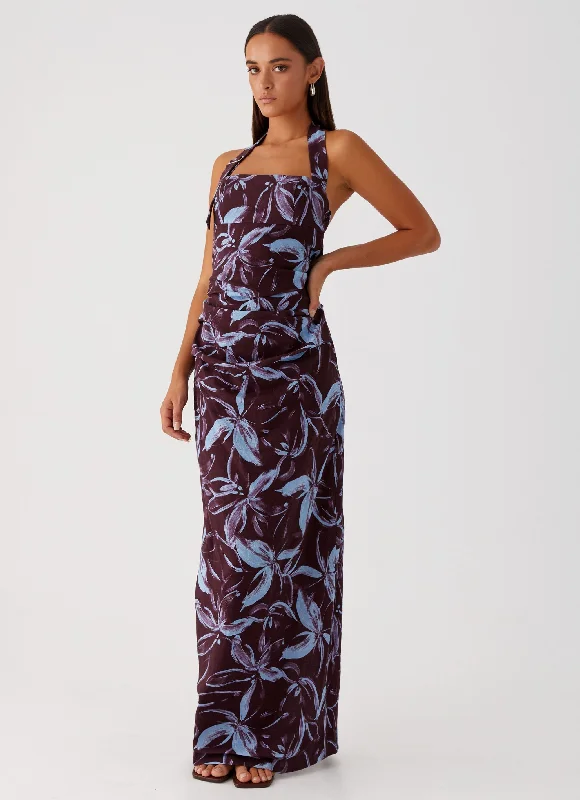 Fauna Halter Maxi Dress - Brown Purple Floral