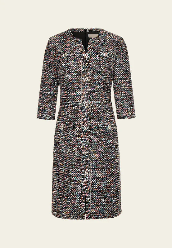 Mixed tweed V-neck Hollow-carved Crystal Button Metalic-trim Dress