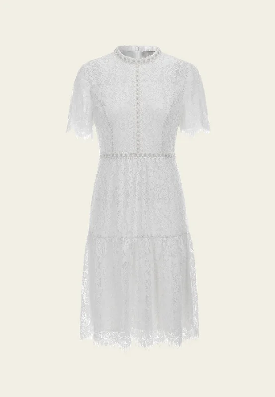 Stand-collar Luerx-trim Frayed-detail Lace Dress