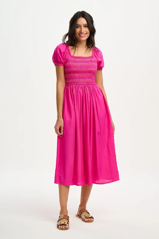 Sugarhill Octavia Midi Shirred Dress Rainbow Shirring Dark Pink