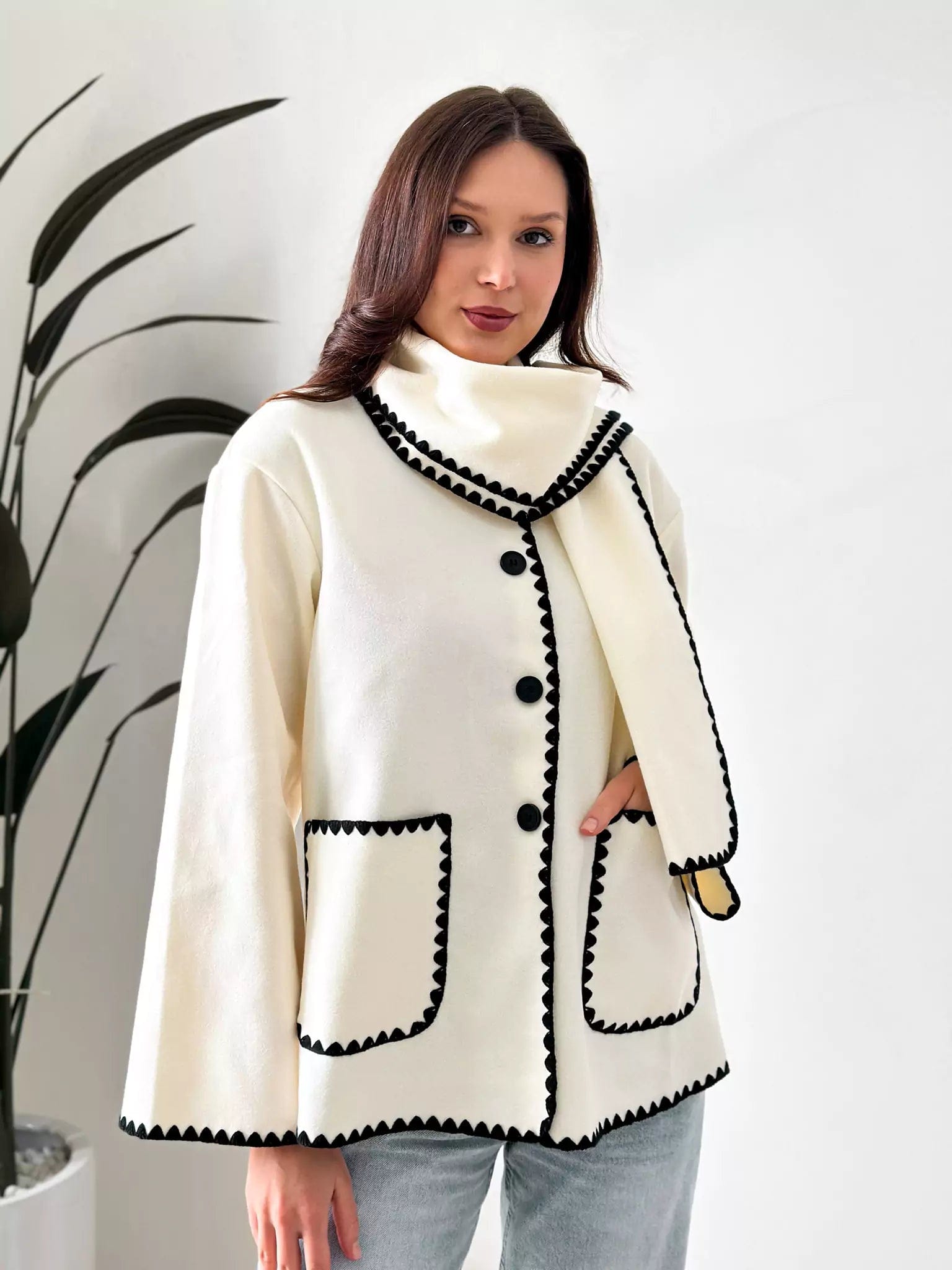 Influence Woolen Coat With Scarf - White