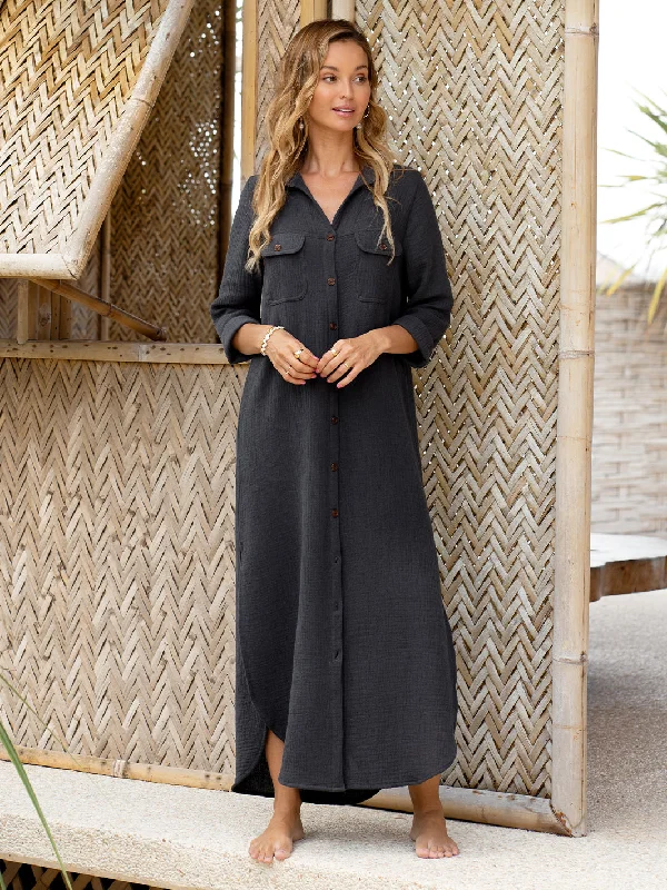 Valentina Linen Blend Shirt Dress Charcoal